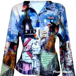 IMPULSE BRAND Y2K STYLE, PARIS ARTWORK PRINT W FRENCH SCRIPT/ WRITING